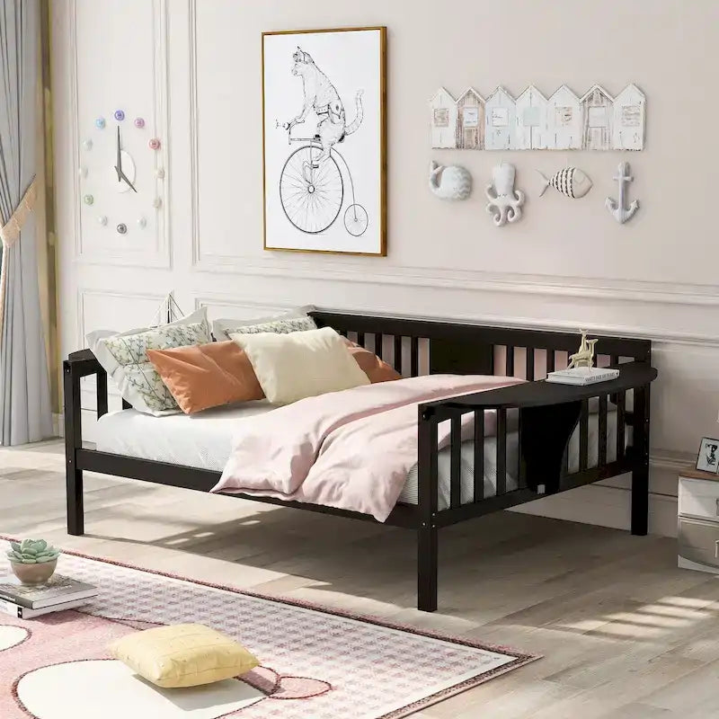 Cadre de lit de repos en bois expresso avec table d'appoint et support à lattes