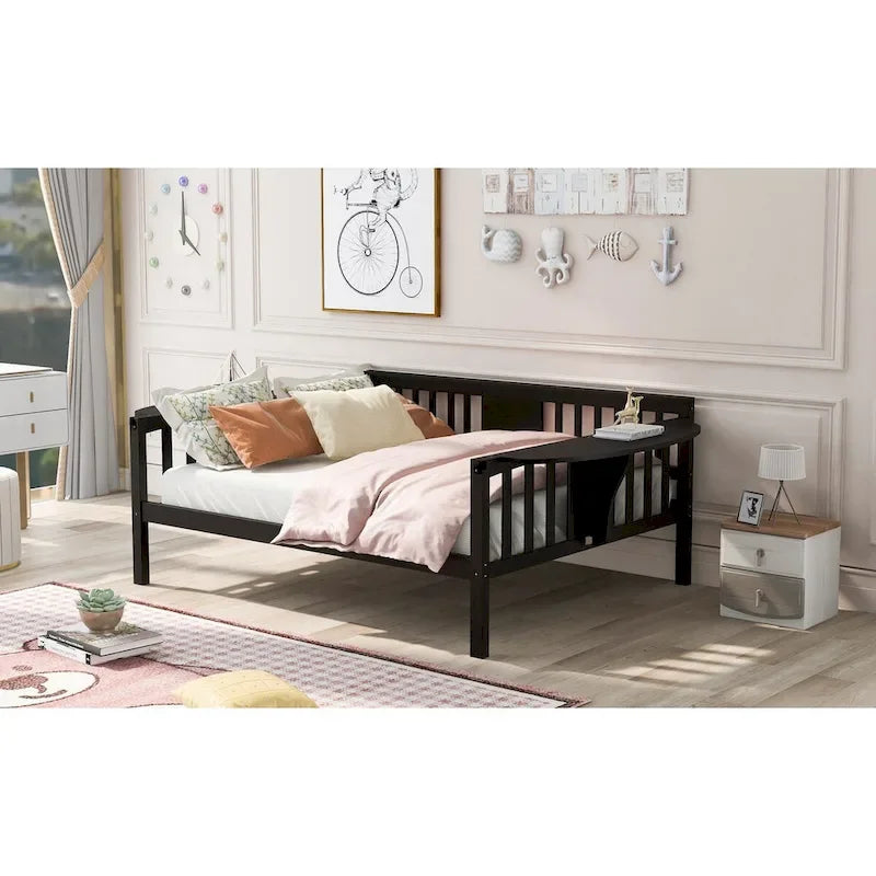 Cadre de lit de repos en bois expresso avec table d'appoint et support à lattes