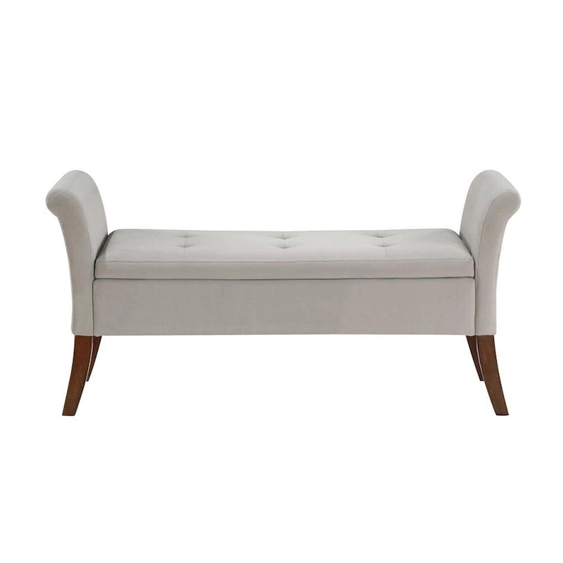 Banc de rangement en velours capitonné avec accoudoirs roulés et pieds en bois