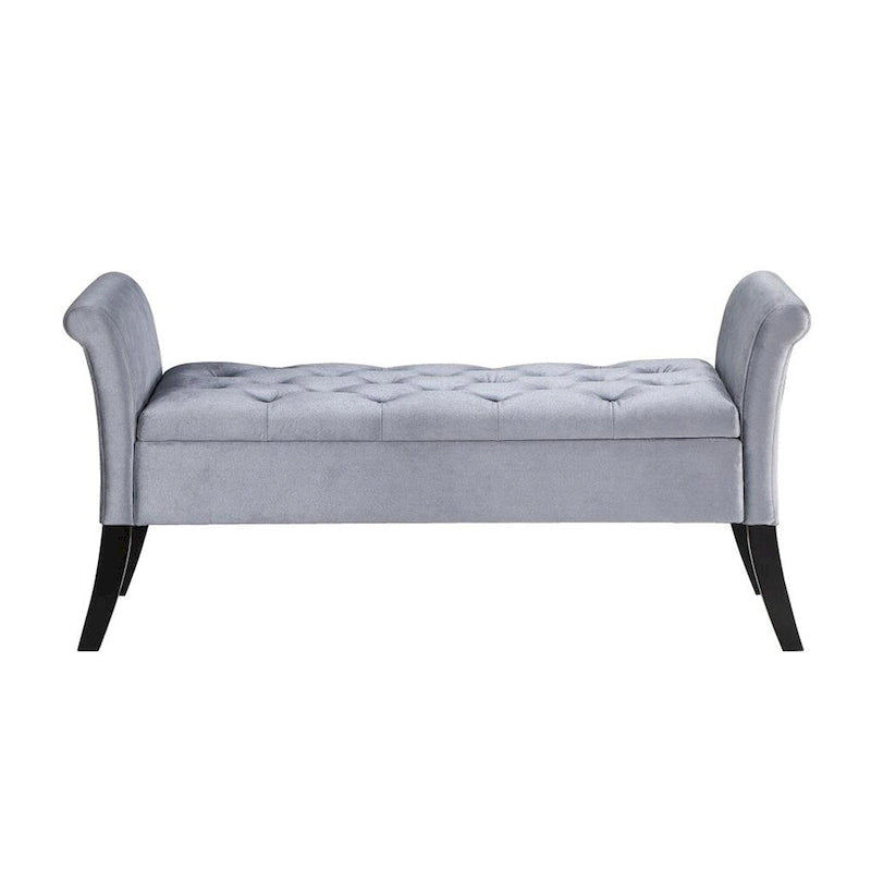 Banc de rangement en velours capitonné avec accoudoirs roulés et pieds en bois