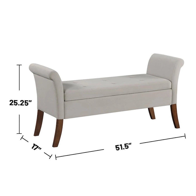 Banc de rangement en velours capitonné avec accoudoirs roulés et pieds en bois