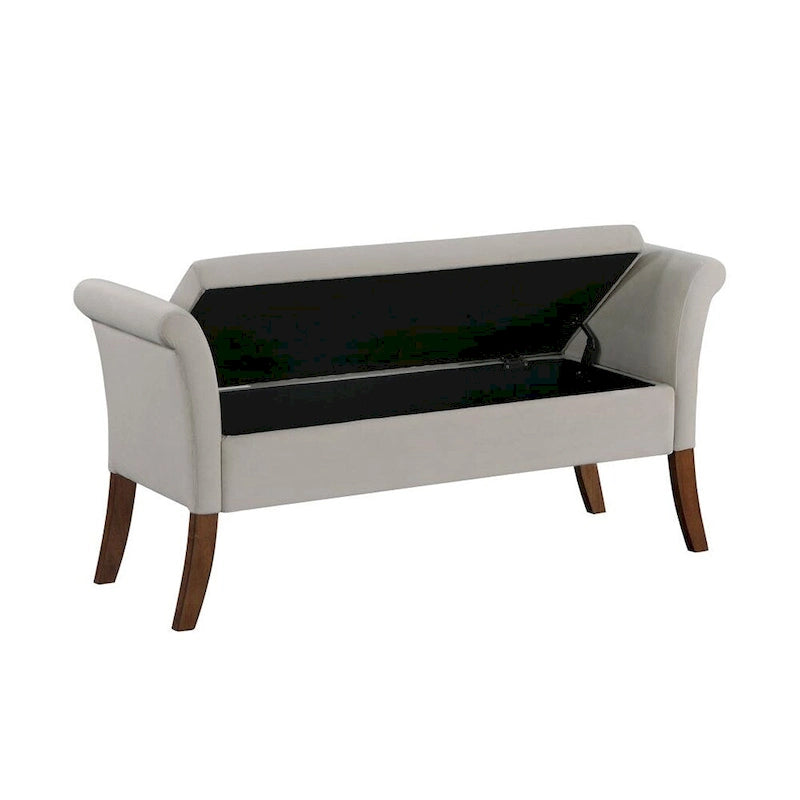 Banc de rangement en velours capitonné avec accoudoirs roulés et pieds en bois