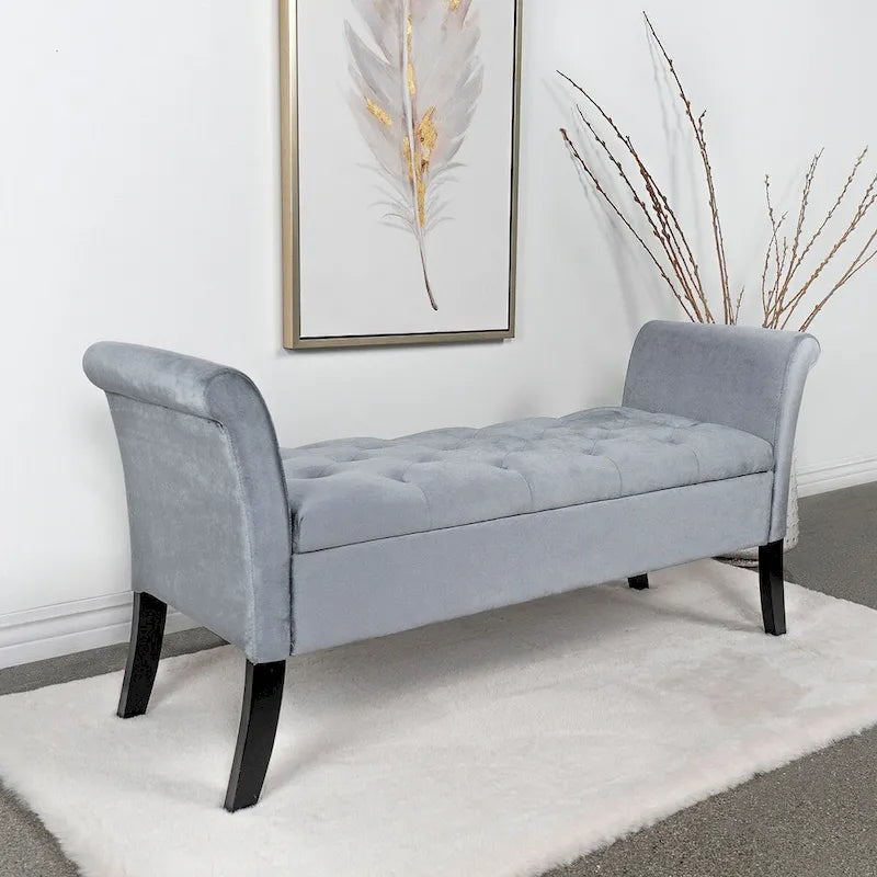 Banc de rangement en velours capitonné avec accoudoirs roulés et pieds en bois