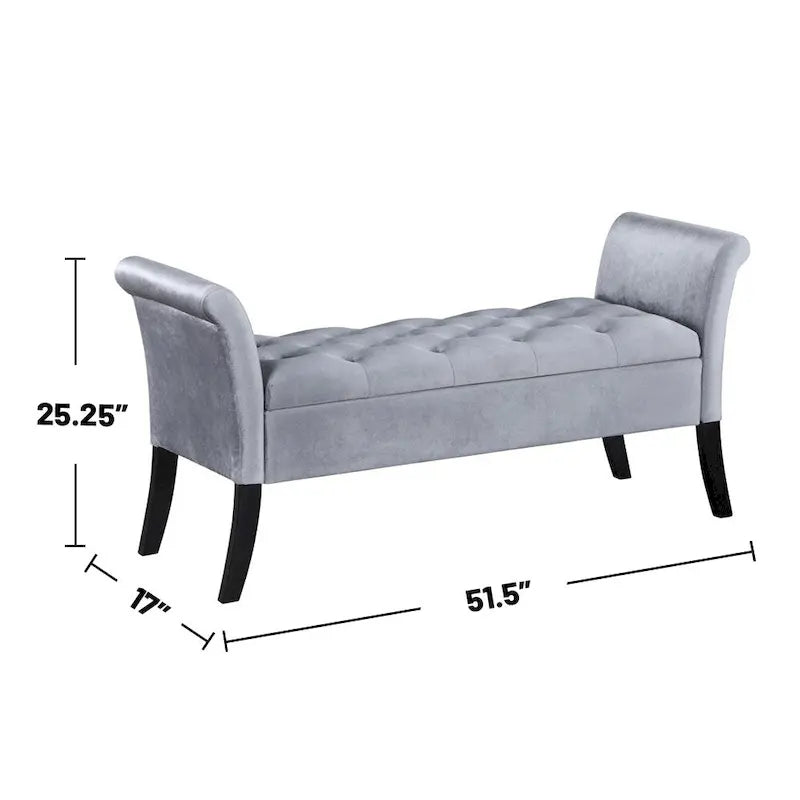 Banc de rangement en velours capitonné avec accoudoirs roulés et pieds en bois
