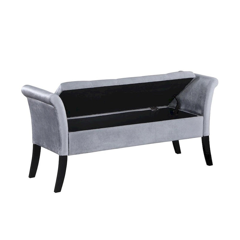 Banc de rangement en velours capitonné avec accoudoirs roulés et pieds en bois