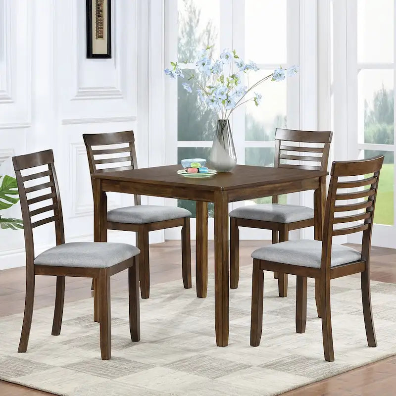Table à manger carrée en bois massif pour quatre avec pieds fuselés Noyer Gris
