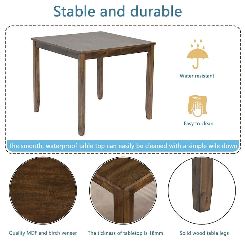 Table à manger carrée en bois massif pour quatre avec pieds fuselés Noyer Gris