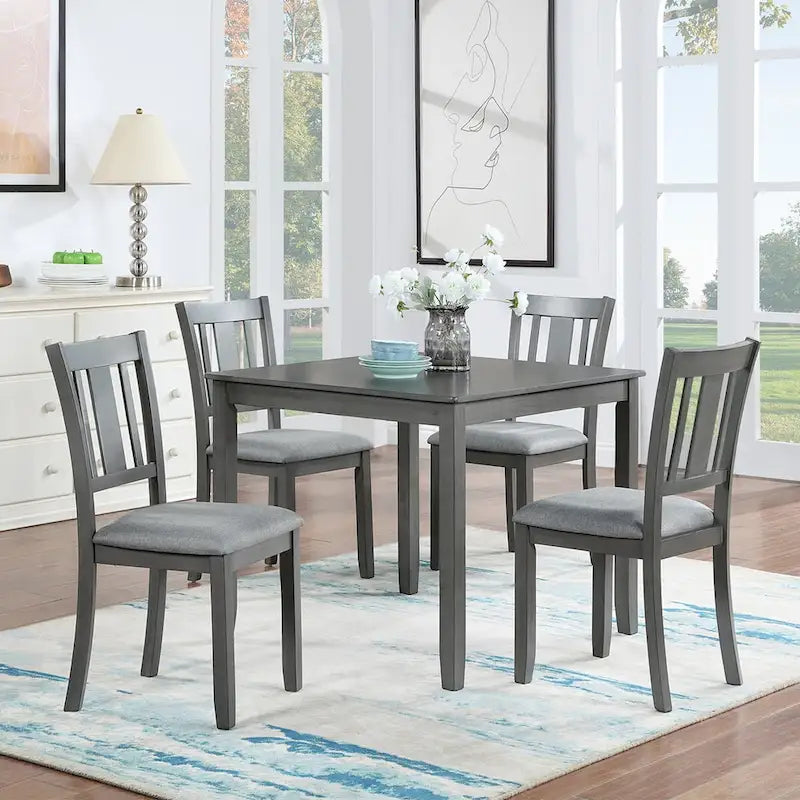 Table à manger carrée en bois massif pour quatre avec pieds fuselés Noyer Gris