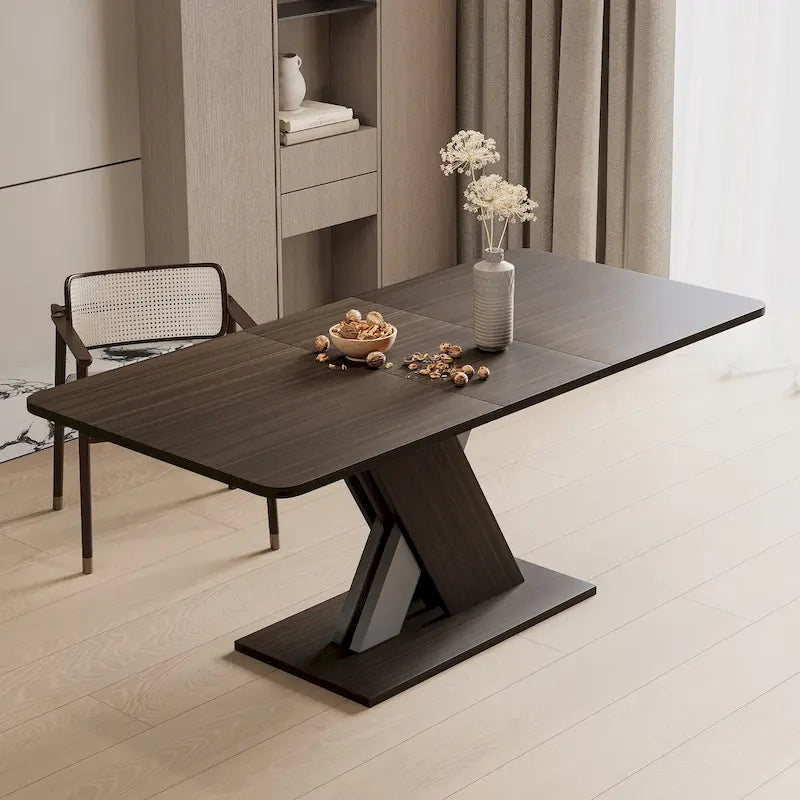 Table de salle à manger extensible marron foncé avec piétement géométrique en X