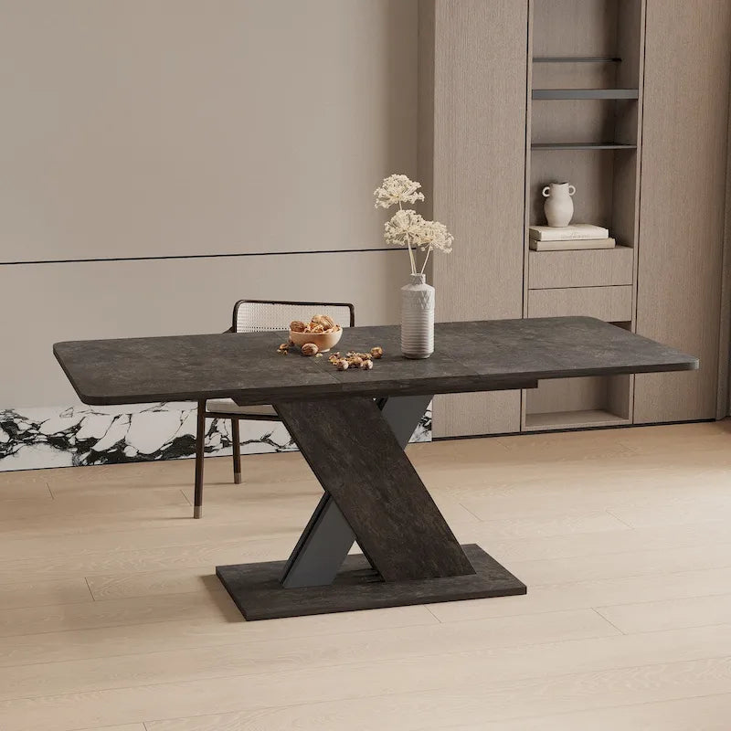 Table de salle à manger extensible marron foncé avec piétement géométrique en X