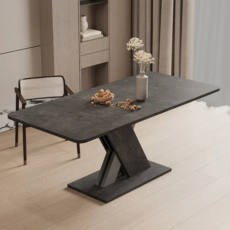 Table de salle à manger extensible marron foncé avec piétement géométrique en X