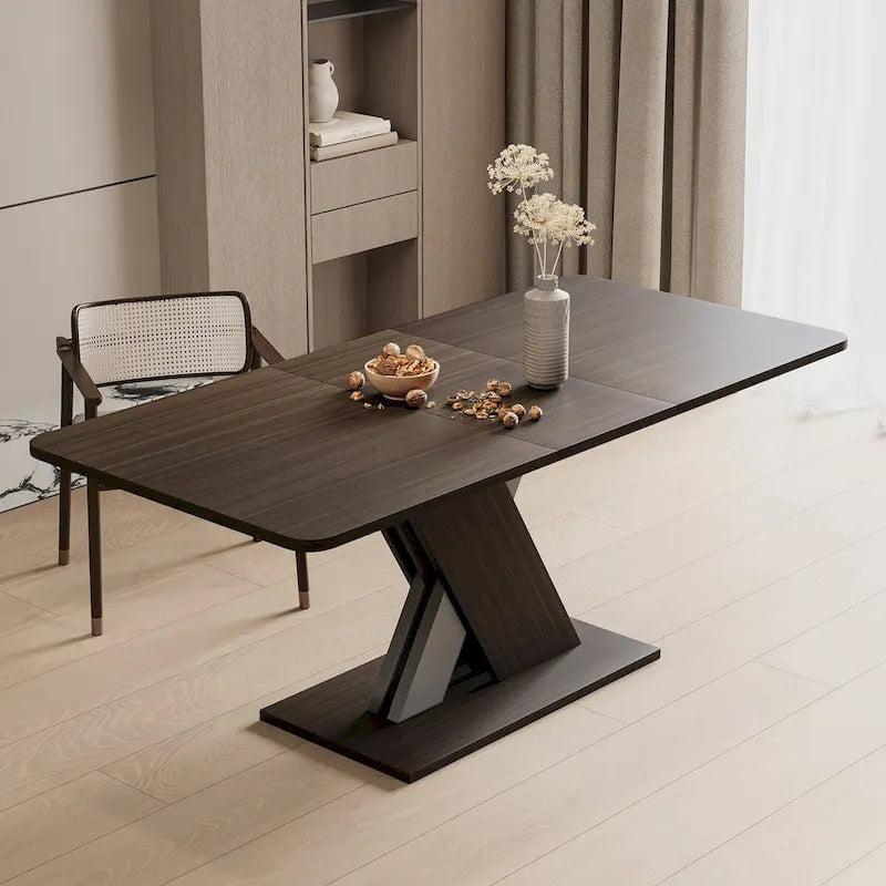 Table de salle à manger extensible marron foncé avec piétement géométrique en X
