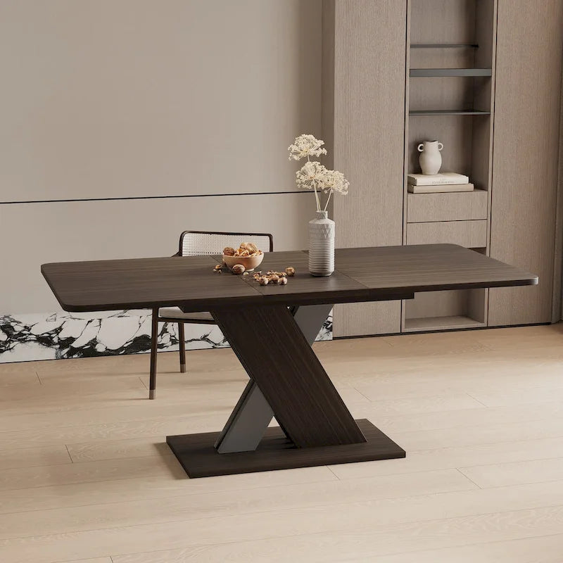 Table de salle à manger extensible marron foncé avec piétement géométrique en X