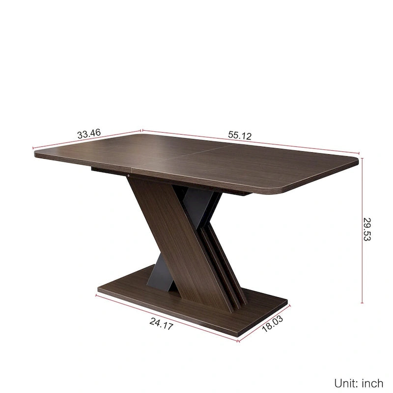 Table de salle à manger extensible marron foncé avec piétement géométrique en X