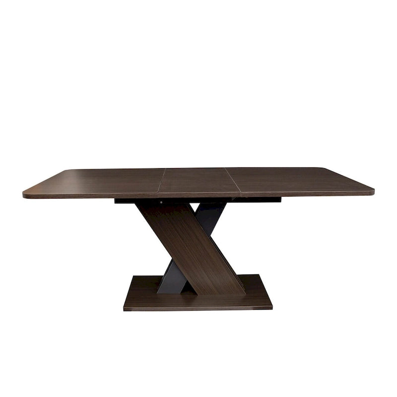 Table de salle à manger extensible marron foncé avec piétement géométrique en X