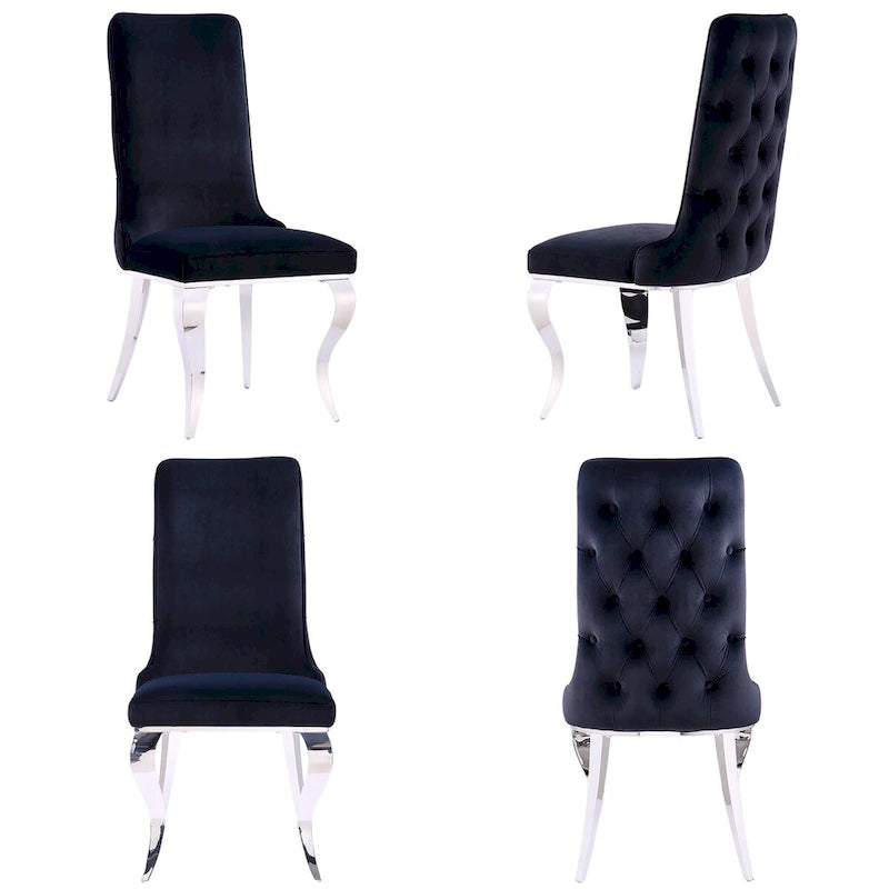 Chaise de salle à manger en velours noir capitonnée à dossier haut avec pieds en métal argenté et rembourrage