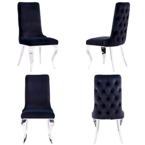 Chaise de salle à manger en velours noir capitonnée à dossier haut avec pieds en métal argenté et rembourrage