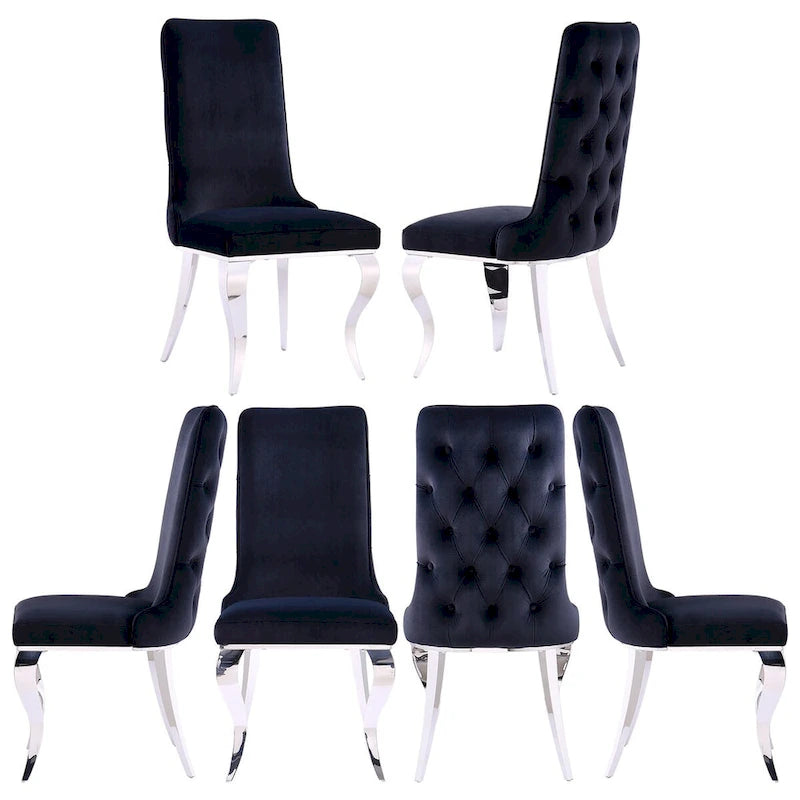 Chaise de salle à manger en velours noir capitonnée à dossier haut avec pieds en métal argenté et rembourrage