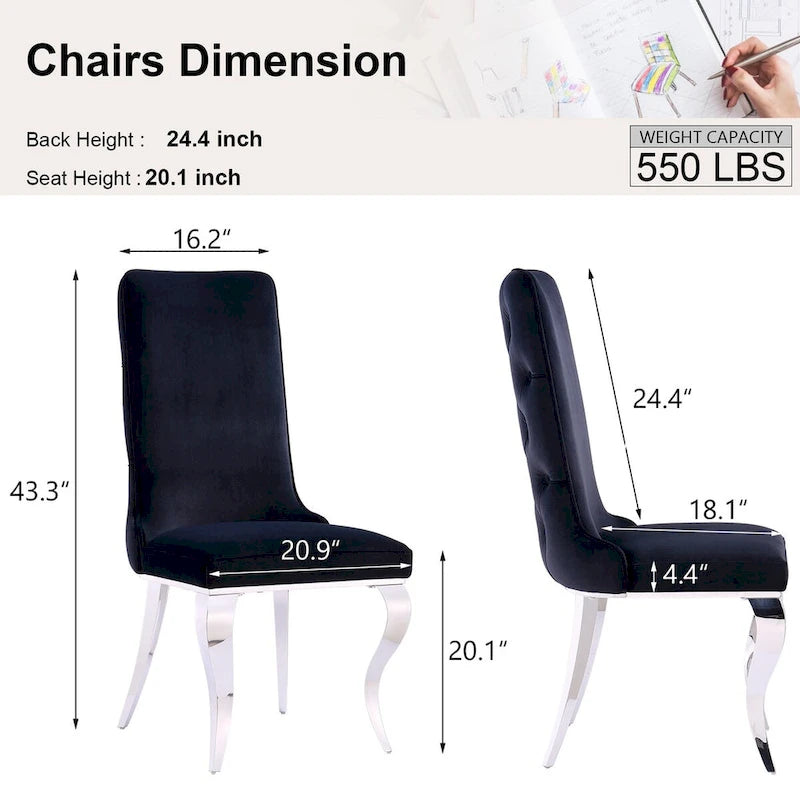 Chaise de salle à manger en velours noir capitonnée à dossier haut avec pieds en métal argenté et rembourrage