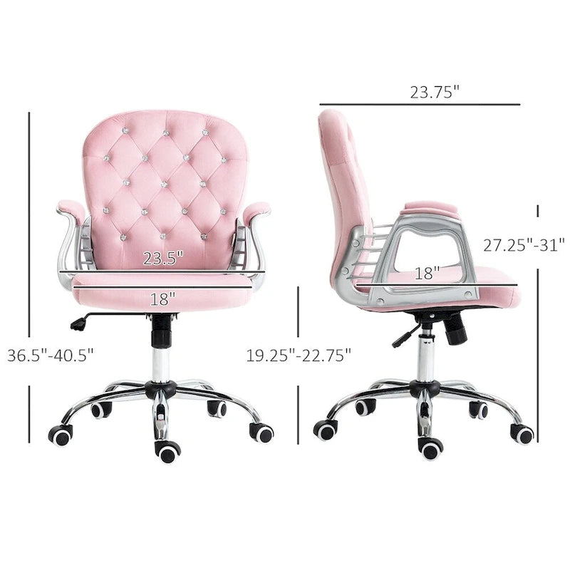 Fauteuil de bureau pivotant en velours rose capitonné avec accoudoirs rembourrés et roulettes
