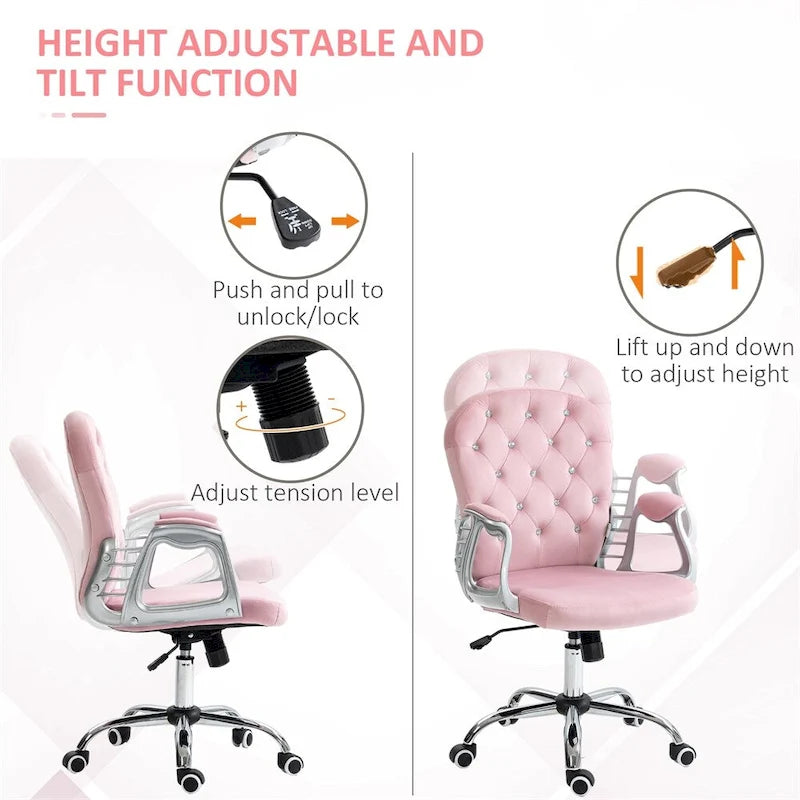 Fauteuil de bureau pivotant en velours rose capitonné avec accoudoirs rembourrés et roulettes