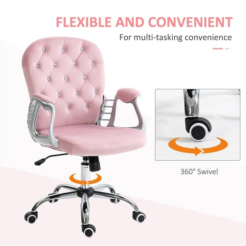 Fauteuil de bureau pivotant en velours rose capitonné avec accoudoirs rembourrés et roulettes