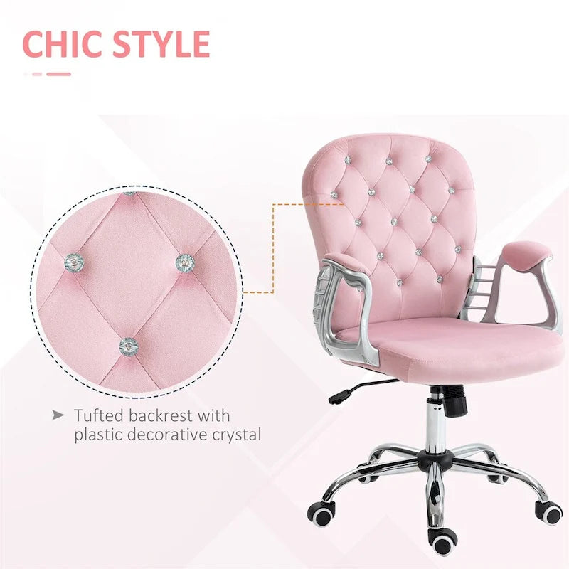 Fauteuil de bureau pivotant en velours rose capitonné avec accoudoirs rembourrés et roulettes