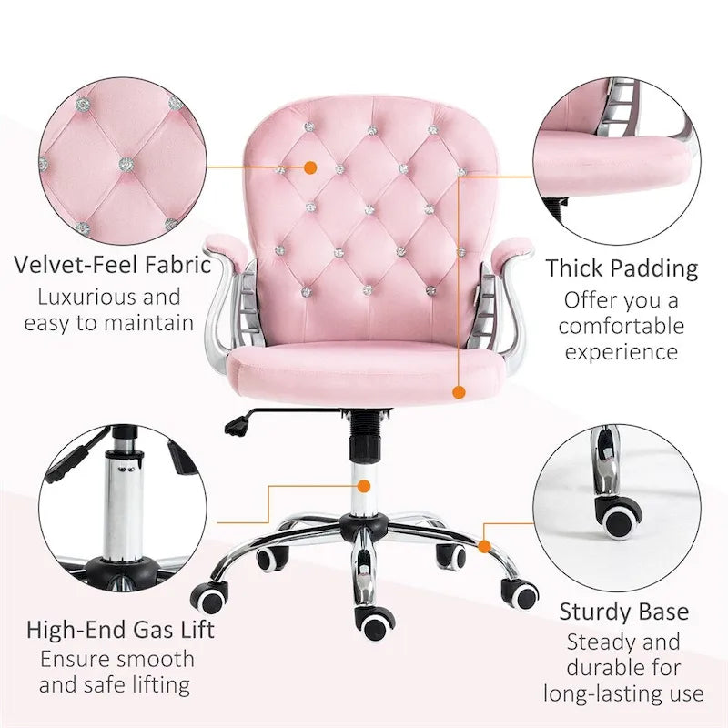 Fauteuil de bureau pivotant en velours rose capitonné avec accoudoirs rembourrés et roulettes