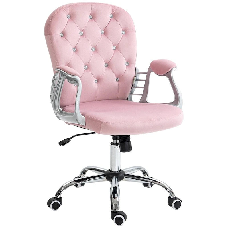Fauteuil de bureau pivotant en velours rose capitonné avec accoudoirs rembourrés et roulettes