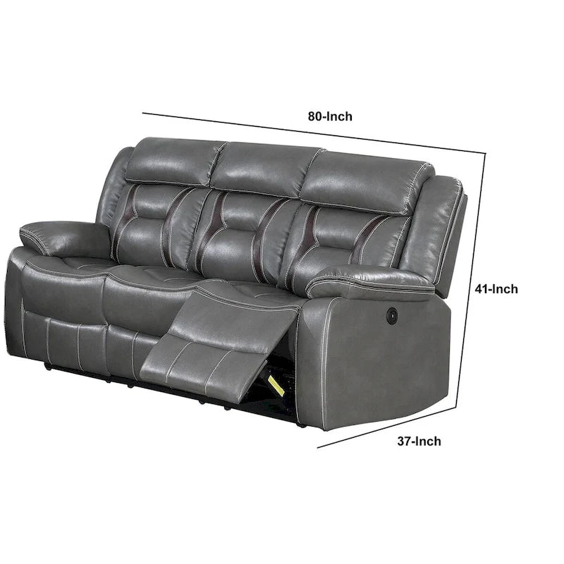 Canapé inclinable électrique gris avec accoudoirs coussins et surpiqûres contrastantes