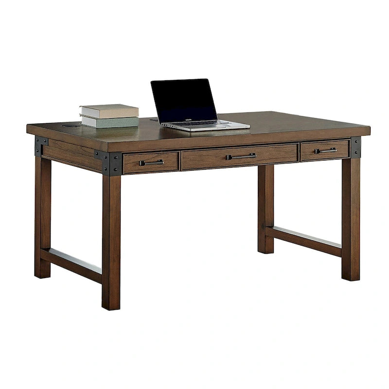 Bureau rustique marron avec tiroirs, accents en fer, bois vieilli