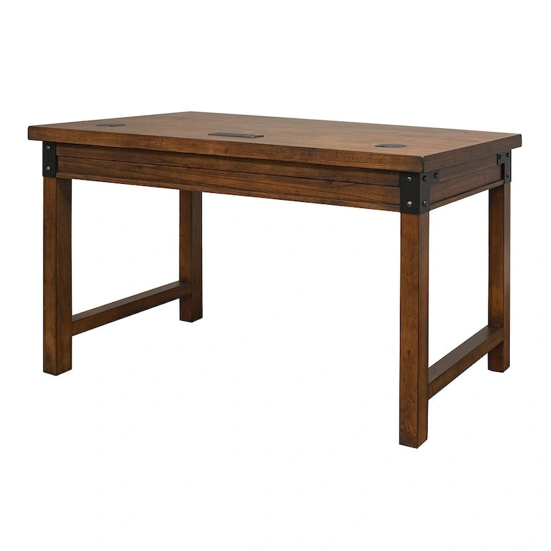 Bureau rustique marron avec tiroirs, accents en fer, bois vieilli