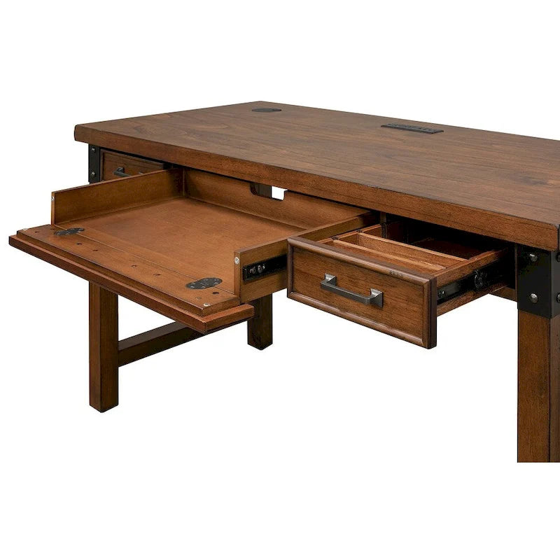 Bureau rustique marron avec tiroirs, accents en fer, bois vieilli