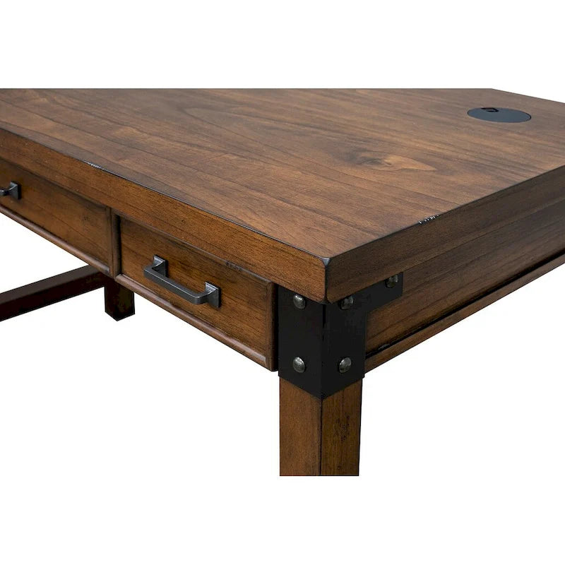Bureau rustique marron avec tiroirs, accents en fer, bois vieilli