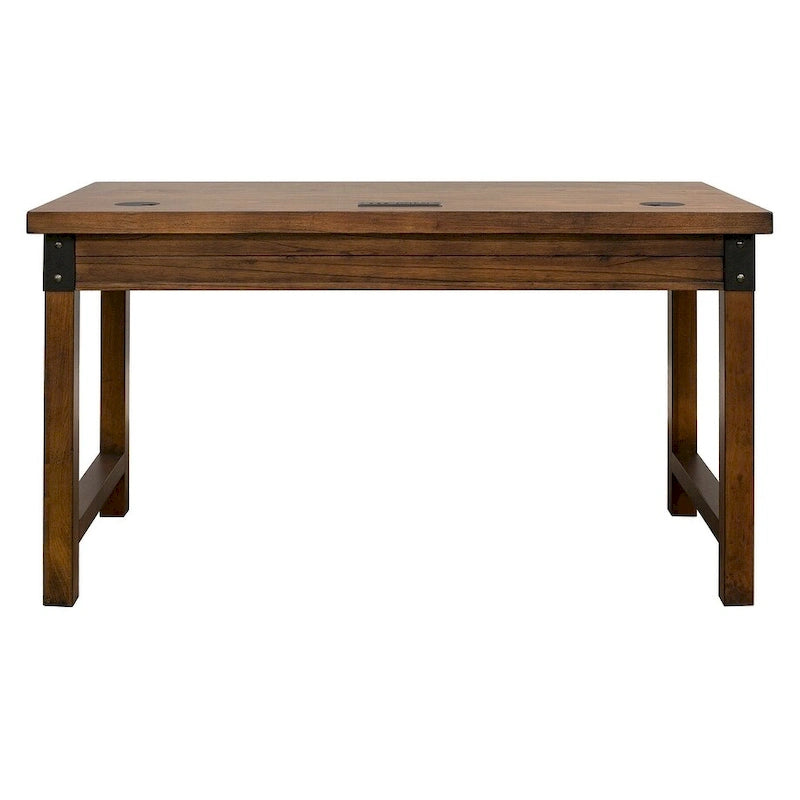 Bureau rustique marron avec tiroirs, accents en fer, bois vieilli