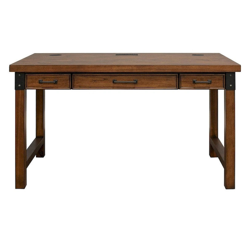 Bureau rustique marron avec tiroirs, accents en fer, bois vieilli