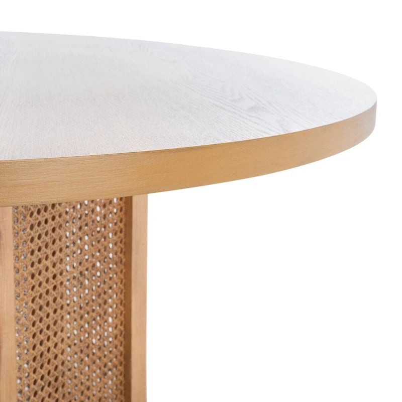 Table à manger ronde avec plateau en marbre blanc et piètement hexagonal en rotin