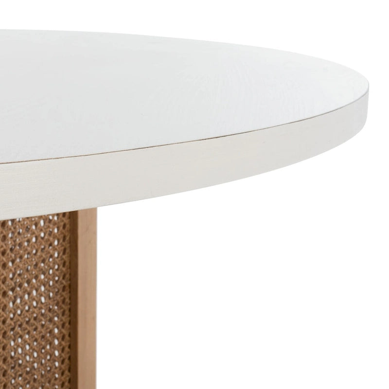 Table à manger ronde avec plateau en marbre blanc et piètement hexagonal en rotin