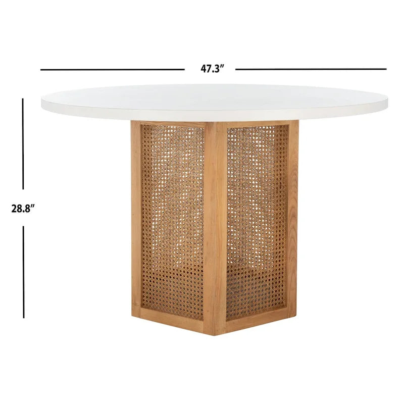 Table à manger ronde avec plateau en marbre blanc et piètement hexagonal en rotin