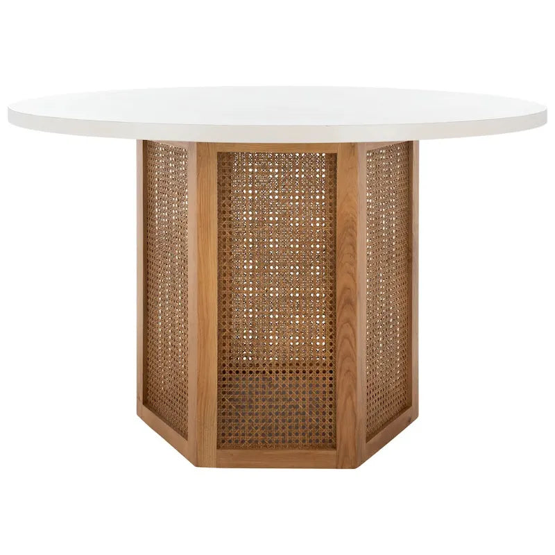 Table à manger ronde avec plateau en marbre blanc et piètement hexagonal en rotin