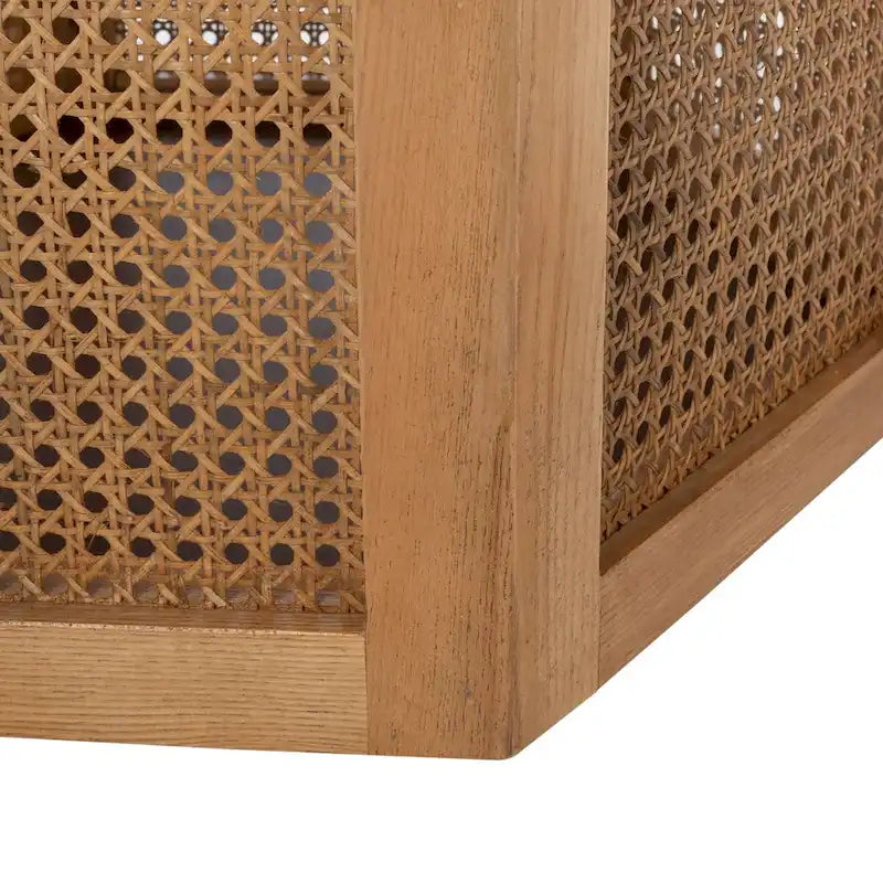 Table à manger ronde avec plateau en marbre blanc et piètement hexagonal en rotin