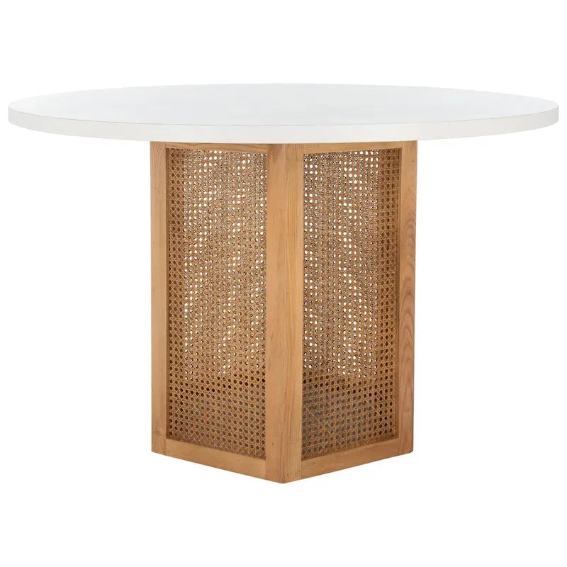 Table à manger ronde avec plateau en marbre blanc et piètement hexagonal en rotin