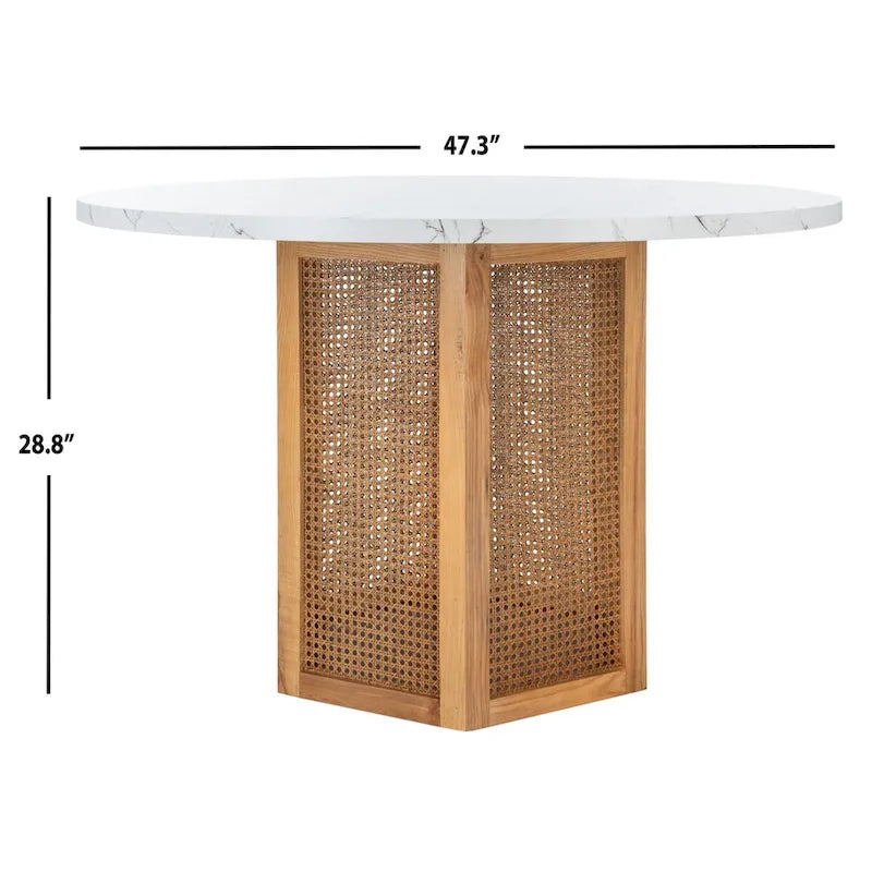 Table à manger ronde avec plateau en marbre blanc et piètement hexagonal en rotin