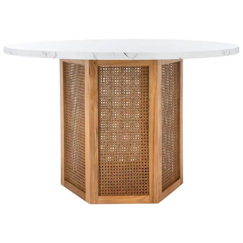 Table à manger ronde avec plateau en marbre blanc et piètement hexagonal en rotin