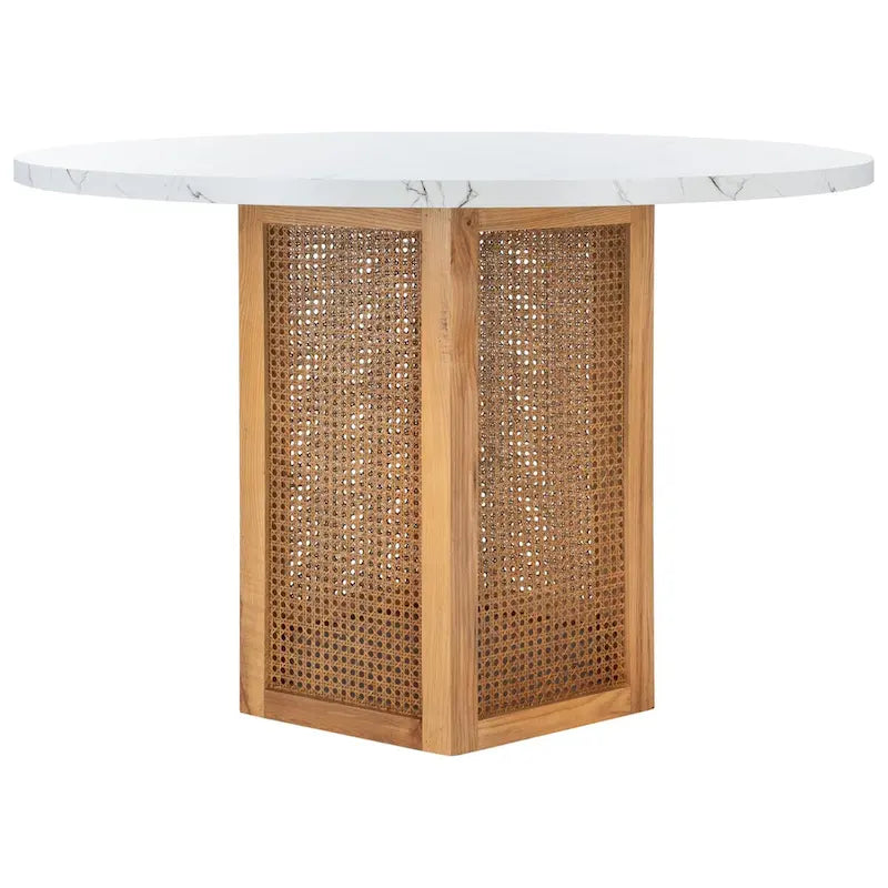 Table à manger ronde avec plateau en marbre blanc et piètement hexagonal en rotin