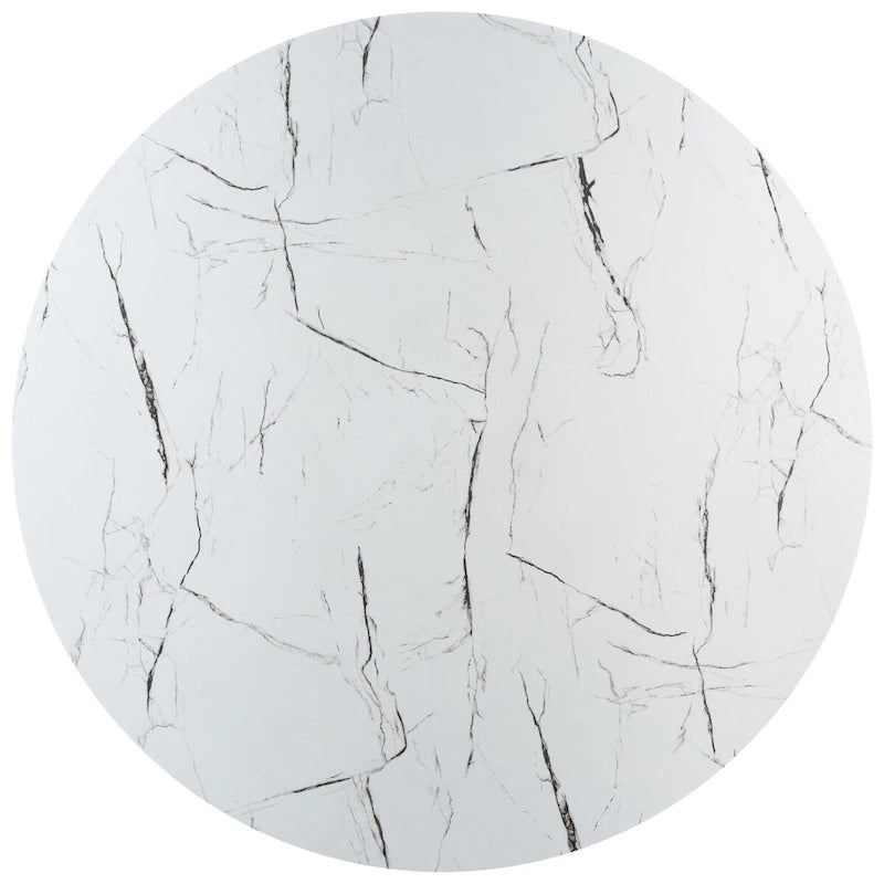 Table à manger ronde avec plateau en marbre blanc et piètement hexagonal en rotin
