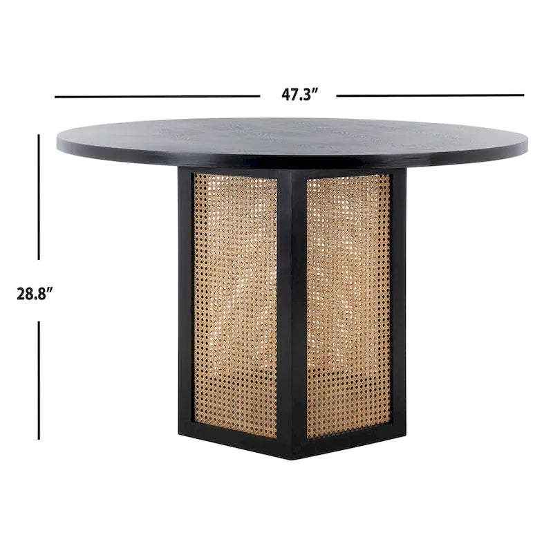 Table à manger ronde avec plateau en marbre blanc et piètement hexagonal en rotin