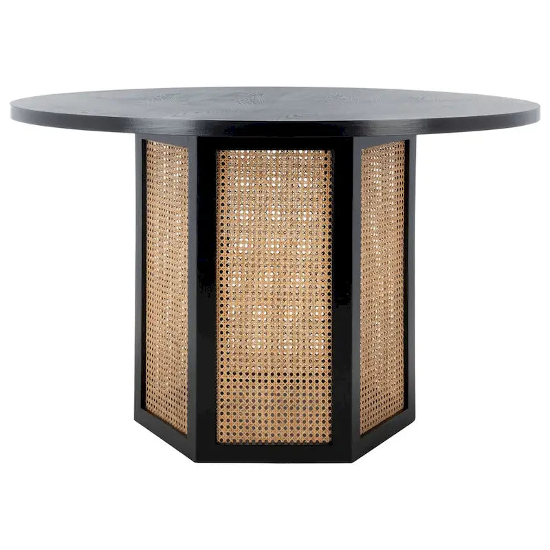 Table à manger ronde avec plateau en marbre blanc et piètement hexagonal en rotin