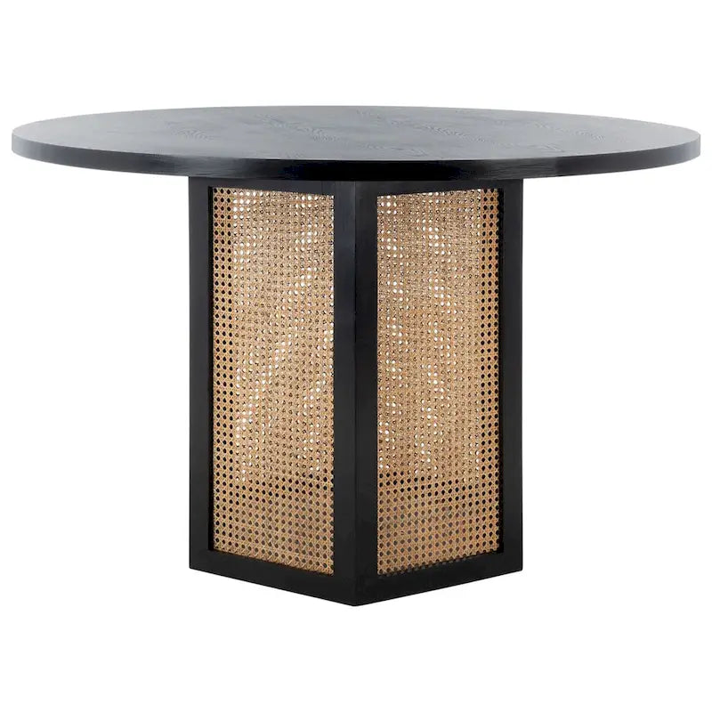 Table à manger ronde avec plateau en marbre blanc et piètement hexagonal en rotin