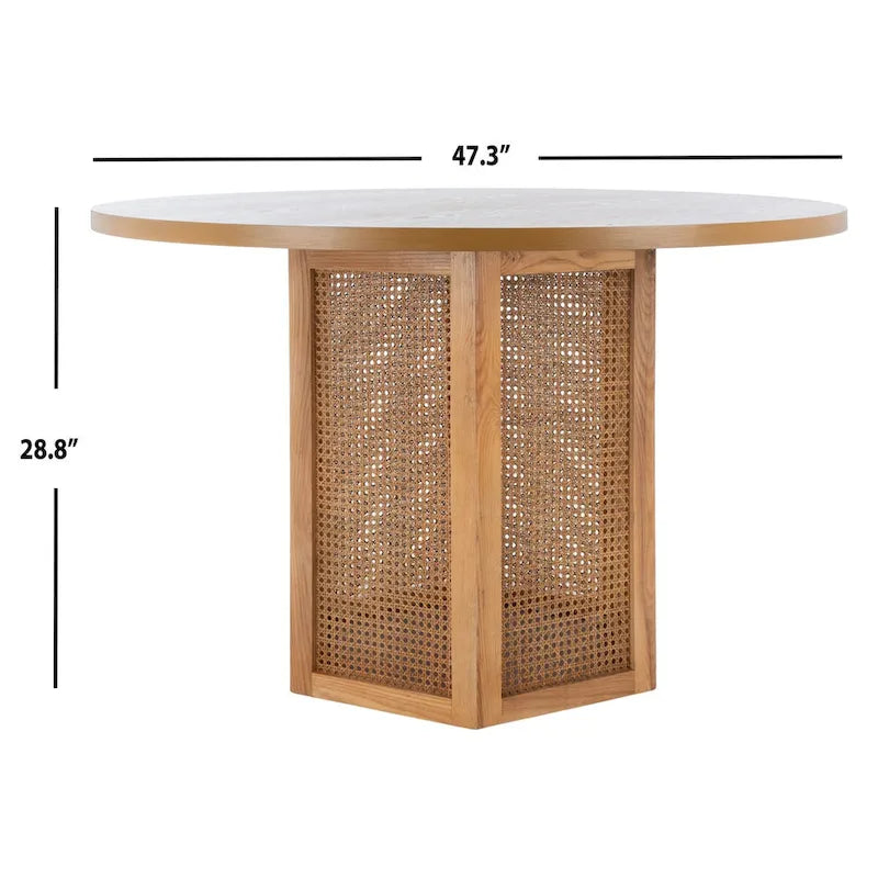 Table à manger ronde avec plateau en marbre blanc et piètement hexagonal en rotin